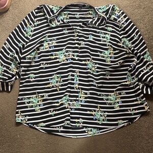 Elementz Black and White Striped Blouse with Floral Accents